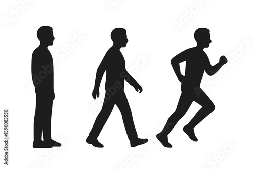 Progression of human movement depicted through line vector icon showing standing, walking, and running in a sequence