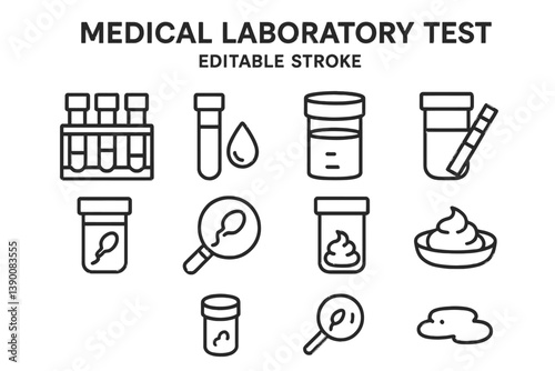 Medical laboratory test icons illustrating various analysis tools and samples in a clean vector design