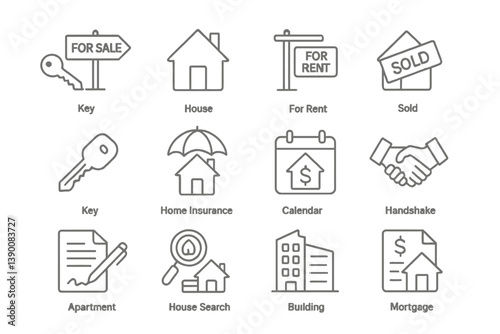 Real estate icons depicting buying, selling, and renting activities in a modern line vector style