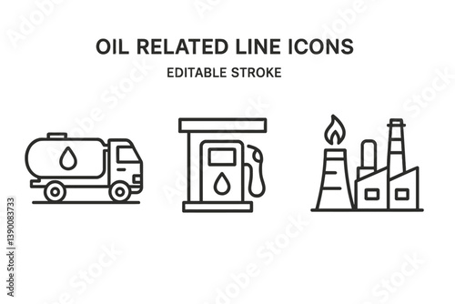 Oil industry vector icons depicting transportation, fueling station, and refinery facilities for understanding energy resources