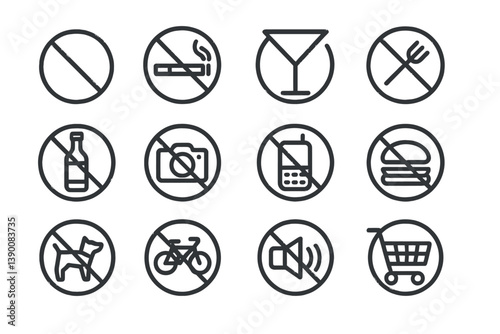 Icons representing prohibited activities and items in various environments throughout day and night settings