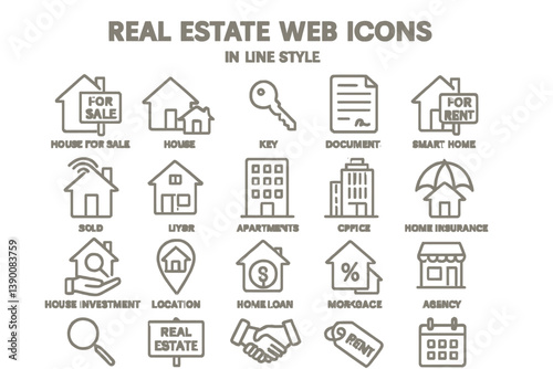 Real estate web icons in line vector style showcasing various property-related symbols and concepts for digital applications