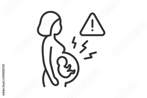 Vector icon depicting a pregnant woman experiencing distress with a warning symbol indicating a potential issue
