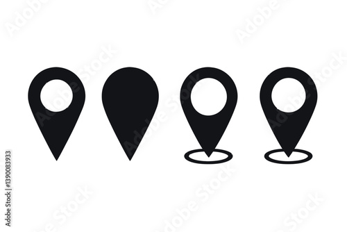 Collection of line vector icons depicting various map pin designs in black color suitable for digital applications
