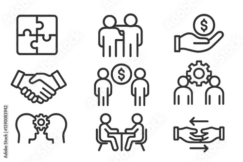 Collaboration and teamwork vector icons illustrating business concepts and interactions in a professional setting