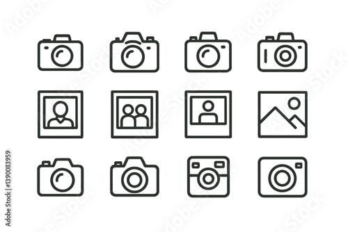 Line vector icons illustrating various camera designs and photo formats in a neat grid layout suitable for digital media