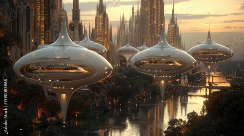 Futuristic City Canyon with Flying Car Traffic, Sleek Vehicles Navigating Glowing Aerial Lanes at Sunset, Realistic Aerodynamics and Anti-Gravity Effects