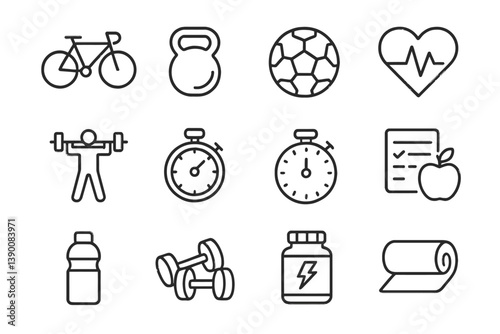 Fitness icons showcasing various health and exercise activities with a focus on a healthy lifestyle