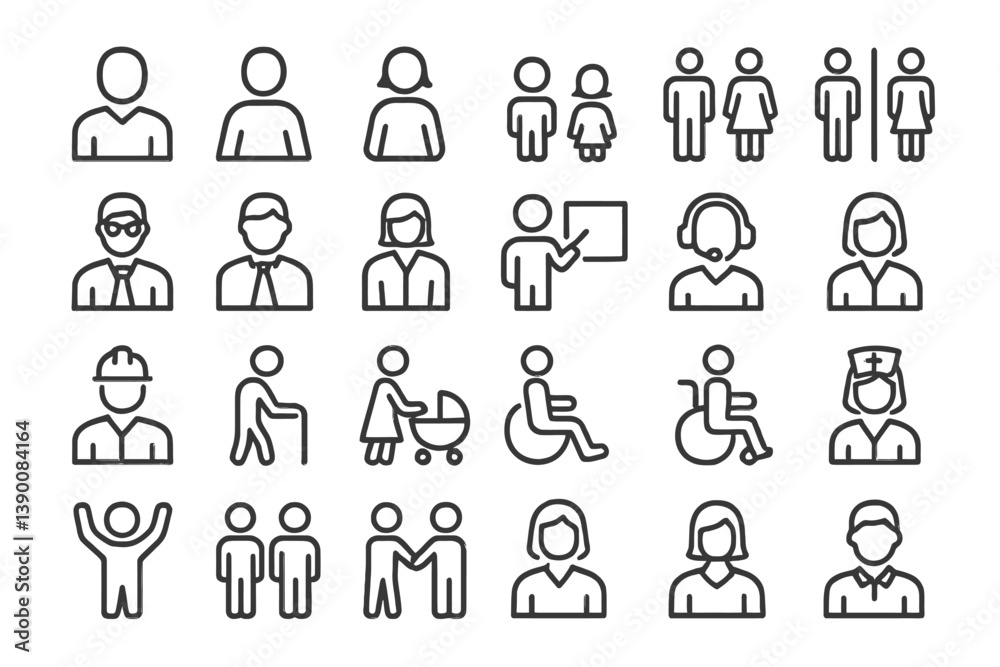Diverse line vector icons depicting various professions, activities, and individuals in different settings Diverse line vector icons depicting various professions, activities, and individuals in different settings