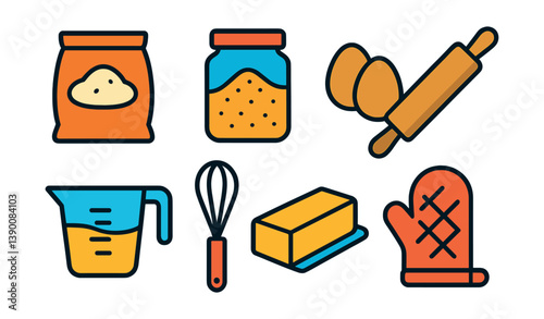 Colorful baking icons set: whisk, oven mitt, eggs, flour, and more in flat style