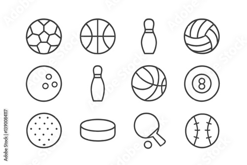 Line vector icon collection of various sports balls and equipment arranged in a grid format for educational or recreational use