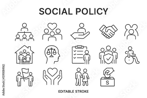 Social policy vector icons representing various community and welfare themes in a clean design