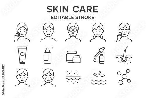 Skin care vector icons featuring various skincare products and routines for enhancing beauty and promoting healthy skin