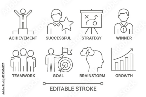 Vector icons representing achievement, success, strategy, teamwork, and growth in a corporate setting for motivational and educational purposes