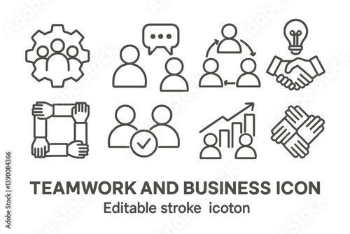 Collaboration and partnership icons featuring teamwork, discussion, and problem-solving in a linear vector style