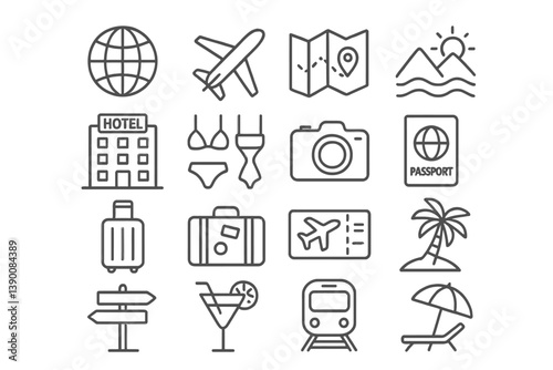 Travel icons featuring common symbols of vacation planning and tourism activities for guiding travelers in various destinations