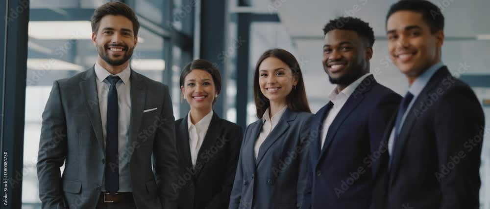 A group of diverse professionals in suits smiles confidently while standing together in a modern office. Concept of team unity, inclusion, and collaborative success in business.
A group of diverse professionals in suits smiles confidently while standing together in a modern office. Concept of team unity, inclusion, and collaborative success in business.