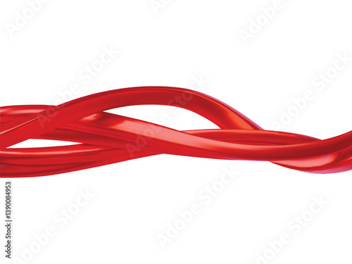 Glossy red twisted ribbons, realistic horizontal intertwined wave stripes shapes, curvy lines stream vector 3D design