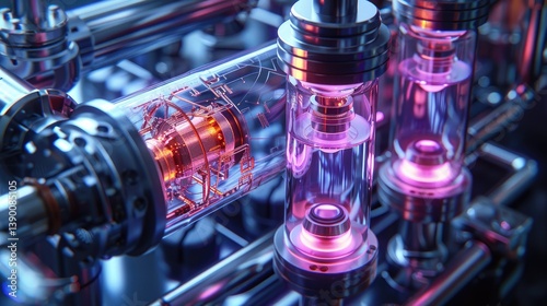 Quantum Computer Core with Illuminated Qubit Chambers and Liquid Cooling, Complex Network of Cables and Pipes in Metallic Blues and Purples, Lab Lighting with Heat Distortion Effects
