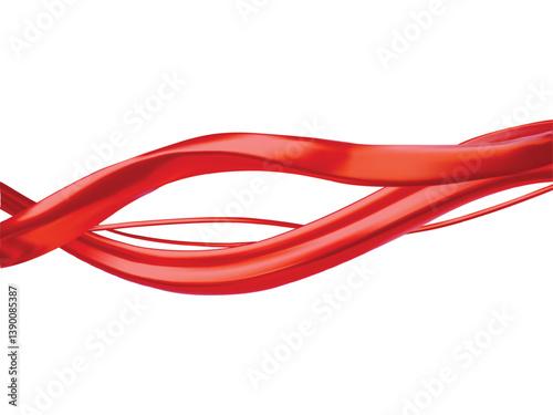 Red twisted ribbons, glossy horizontal intertwined wave shapes, abstract curvy lines stream vector 3D background design