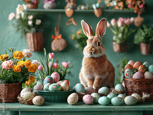  rabbit celebrating easter, p: a rabbit wearing bunny ears, photo