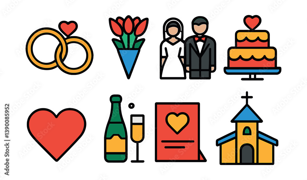 Colorful wedding icons set: rings, cake, bride & groom, heart, church, flowers