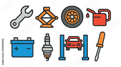 Essential vehicle maintenance icons set in flat style for automotive services
