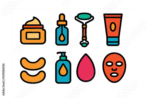 Skincare product icons set: cream, serum, roller, tubes, masks, and more