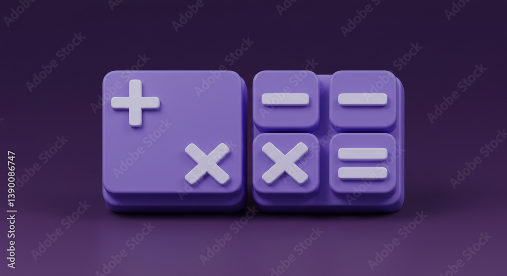 A playful purple calculator showcasing basic arithmetic operations, adding, subtracting, multiplying and equaling in a minimalist 3D design. A playful purple calculator showcasing basic arithmetic operations, adding, subtracting, multiplying and equaling in a minimalist 3D design.