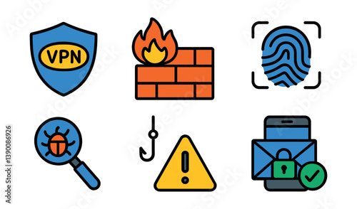 Cybersecurity icon set: vpn, firewall, biometric, malware detection, phishing, security alert