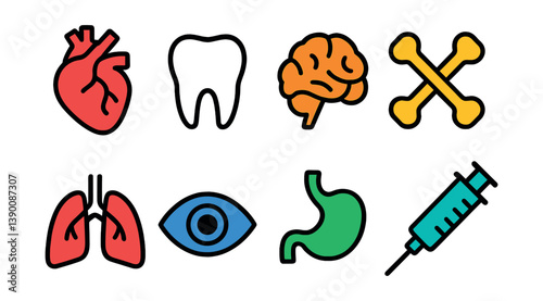 Colorful medical icons set: heart, tooth, brain, bones, lungs, eye, stomach, syringe