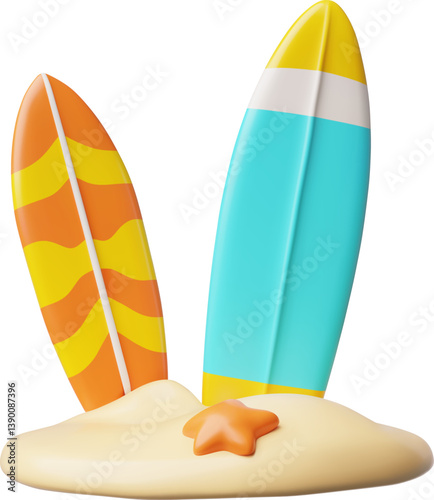 3D illustration of two surfboards stuck in the sand on the beach, next to a starfish.