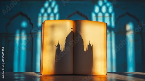 Open book with taj mahal shadow in sunlit room with arched windows