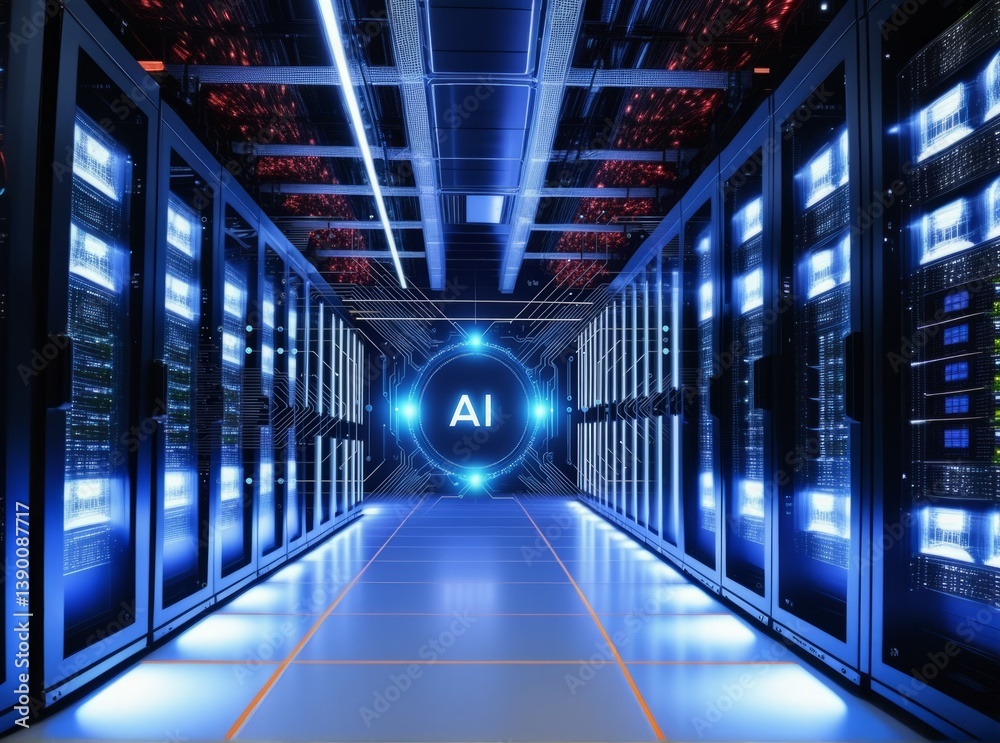 A spacious data center features rows of server racks illuminated with blue lights. Centralized AI technology enhances computing capabilities in this futuristic setting