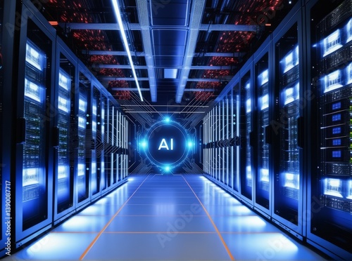 Obraz na płótnie A spacious data center features rows of server racks illuminated with blue lights. Centralized AI technology enhances computing capabilities in this futuristic setting w salonie