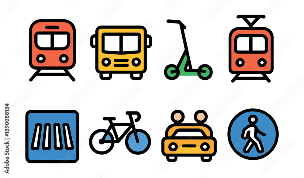 Urban transportation icons set: 3d icon pack featuring various modes of public transit