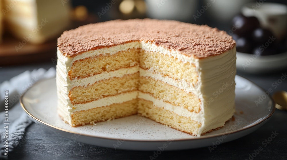 Delicious slice of layered cake on a plate with creamy frosting and cocoa powder on top, perfect for dessert lovers Delicious slice of layered cake on a plate with creamy frosting and cocoa powder on top, perfect for dessert lovers
