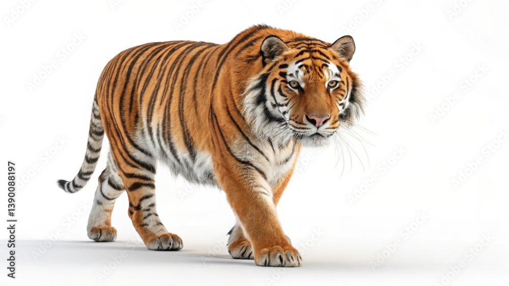 Obraz premium A majestic tiger walking with confidence against a light background.