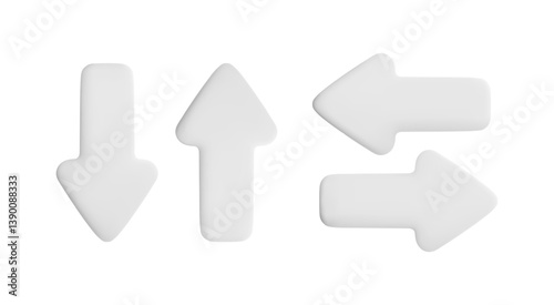 Vector cartoon 3d white arrows set. Cute realistic up, down, left and right arrow icon isolated on white background. 3d render direction pointer, plastic click cursor button, for infographic app, game