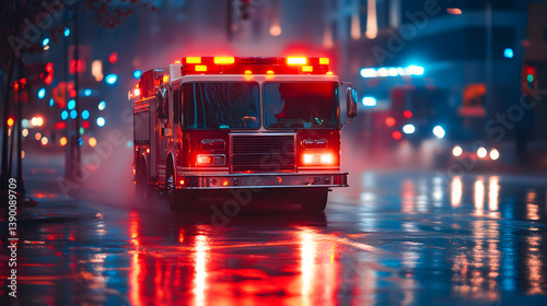 Emergency Response: A vibrant fire engine races through a rain-slicked cityscape at night, lights flashing, embodying urgency and public service. A beacon of hope amidst the urban landscape.