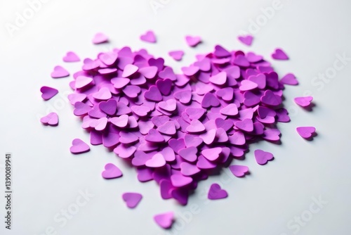 Bright purple heart shape confetti falling on clean white surface, event, love