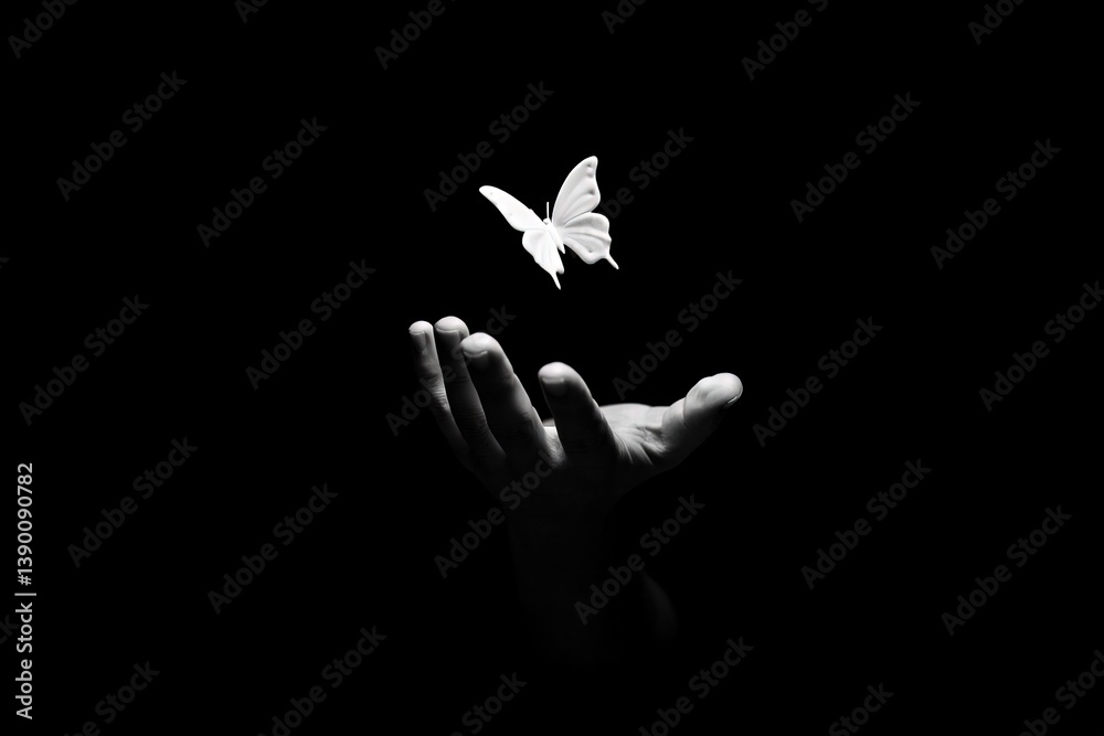 Obraz premium Black and white butterfly flying above open hand