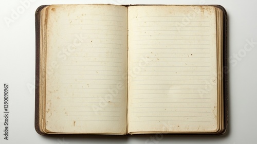 Open vintage notebook with blank lined pages and weathered edges