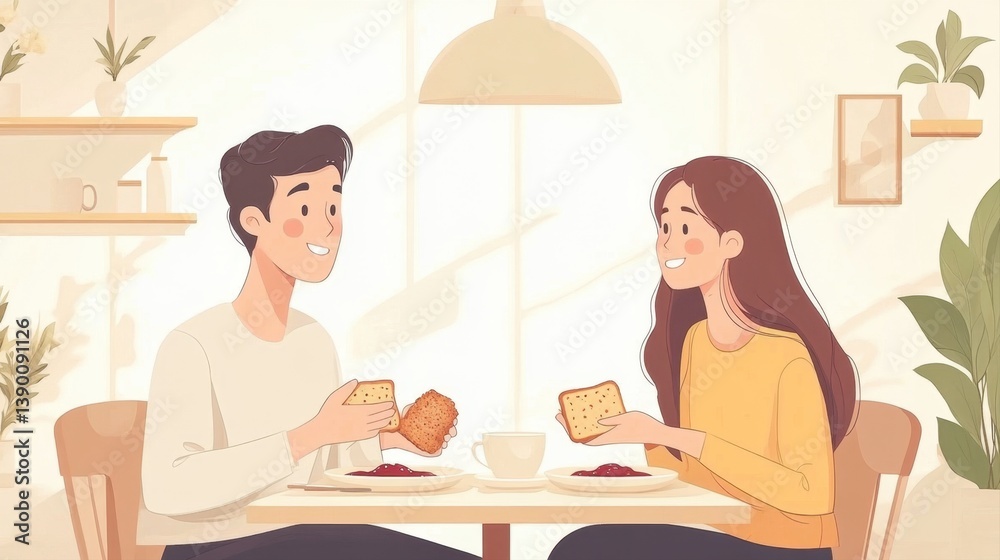 Young Couple Enjoying Breakfast Together in Bright Cozy Dining Room with Natural Light and Greenery Young Couple Enjoying Breakfast Together in Bright Cozy Dining Room with Natural Light and Greenery