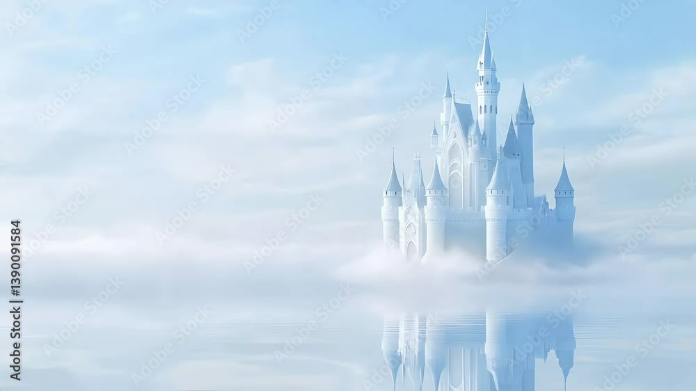 A castle is reflected in the water, with a cloudy sky in the background. The castle is white and tall, and the water is calm. The scene is serene and peaceful A castle is reflected in the water, with a cloudy sky in the background. The castle is white and tall, and the water is calm. The scene is serene and peaceful