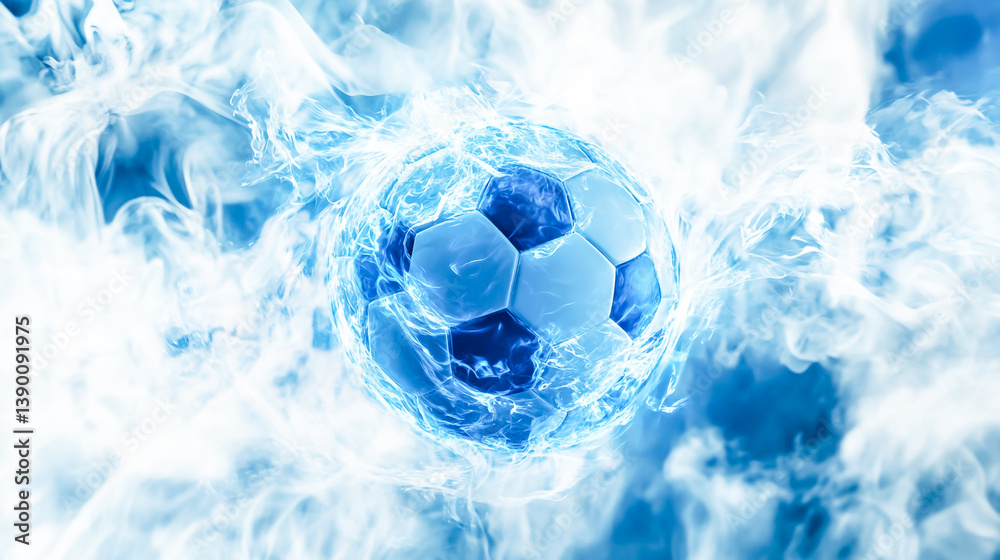 Naklejka premium Dynamic Soccer Ball Engulfed in Electrifying Blue Flames on a Crisp White Background