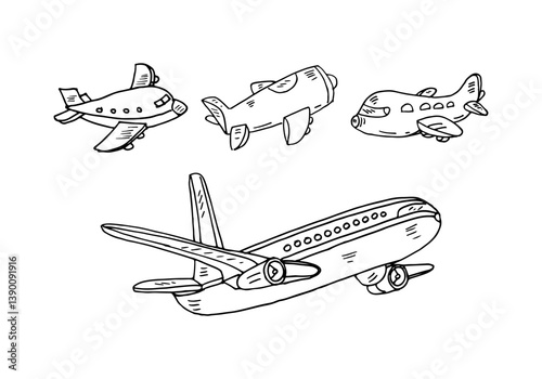 Cartoon four airplanes doodle set vector hand-drawn illustration.