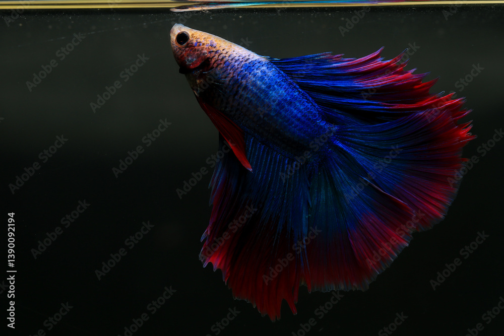 Fototapeta premium Betta, aqua blue and red color. Siamese fighting fish on dark background.