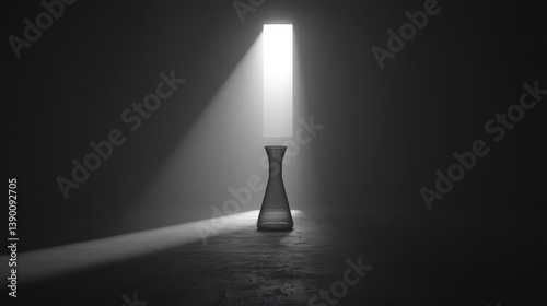 In a dimly lit room, a perfume distiller stands alone under soft rim lighting, emphasizing its elegant shape. The serene atmosphere highlights the artistry in distillation