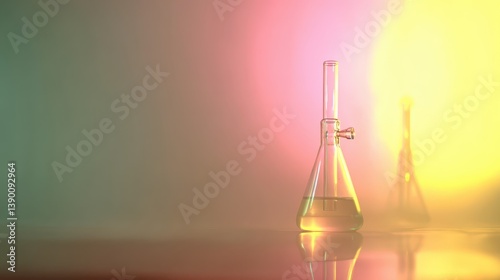 A perfume distiller stands on a smooth surface, illuminated by soft pastel lighting. The calm colors reflect the essence of creativity and science in the art of fragrance crafting